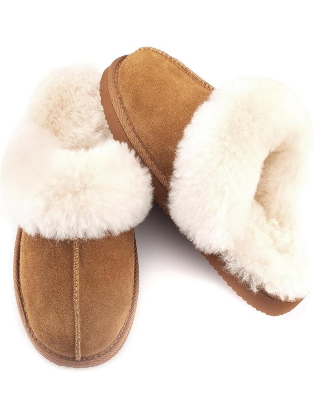 Cozy Shearling Slippers, Genuine Leather & Rubber Sole, Fuzzy Indoor/Outdoor